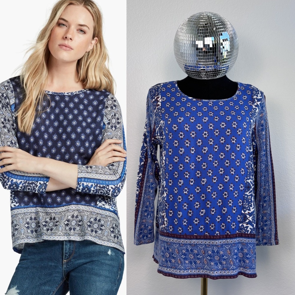 Lucky Brand Boho Patchwork Long Sleeve Top Small Blue Mix Fabric peasant blouse